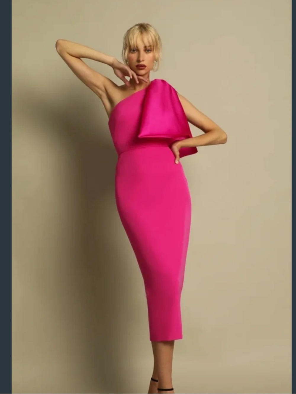 Asymmetrical One-Shoulder Fuchsia Midi Dress